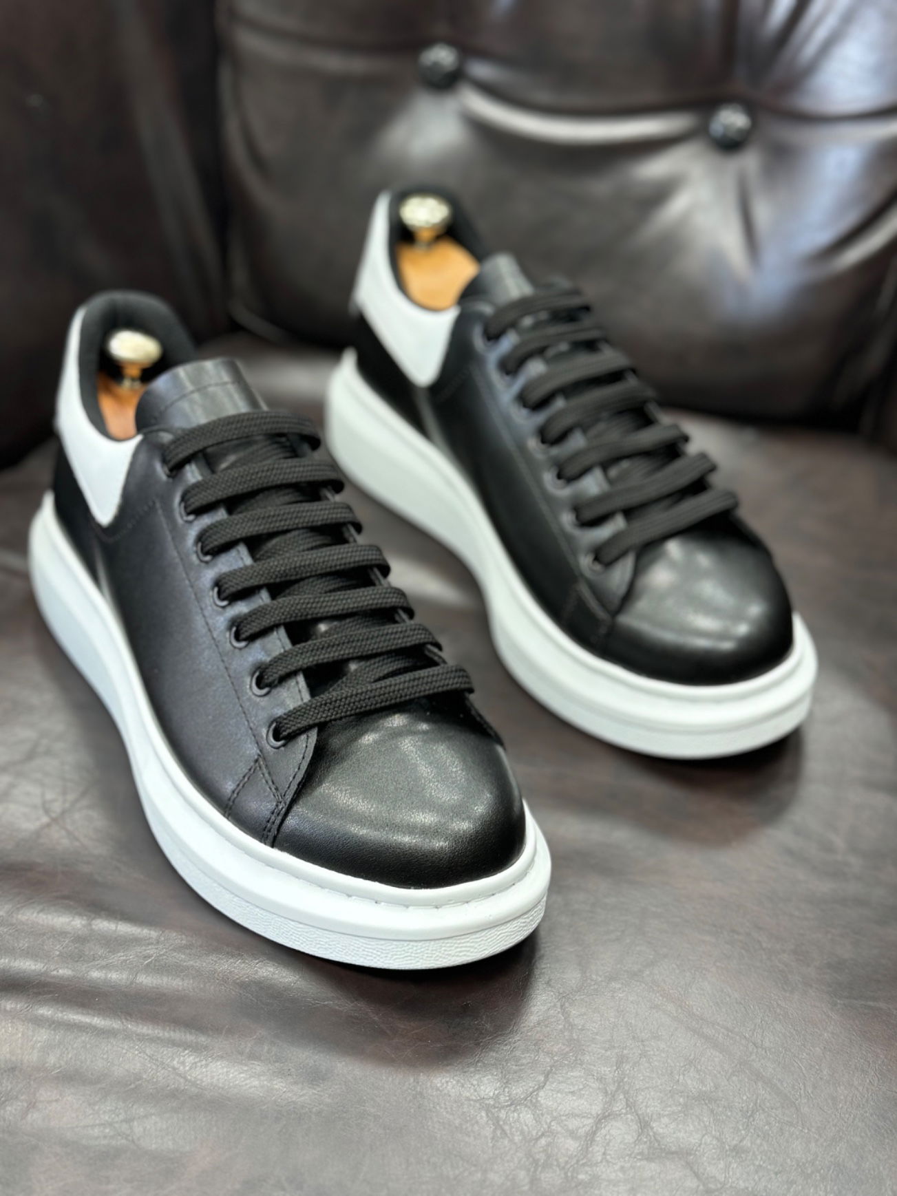 Thick High Sole Black and White Parts Detail Lace-Up Sneakers for Men