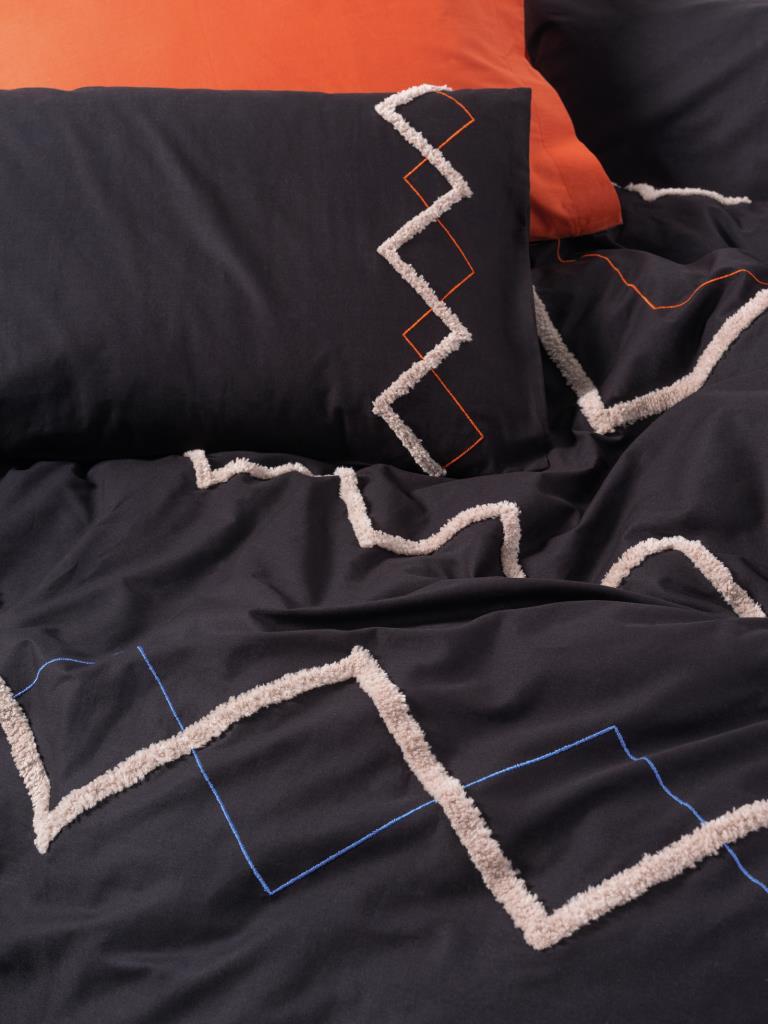 Puff Embroidered Ranforce Double Duvet Cover Mirely Black Tile