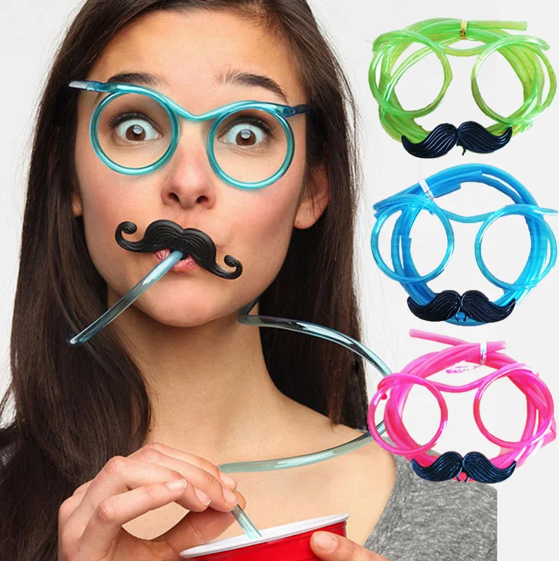 Straw Party Glasses - Kids and Adults Mustache Straw Glasses Green Color 18x14 cm