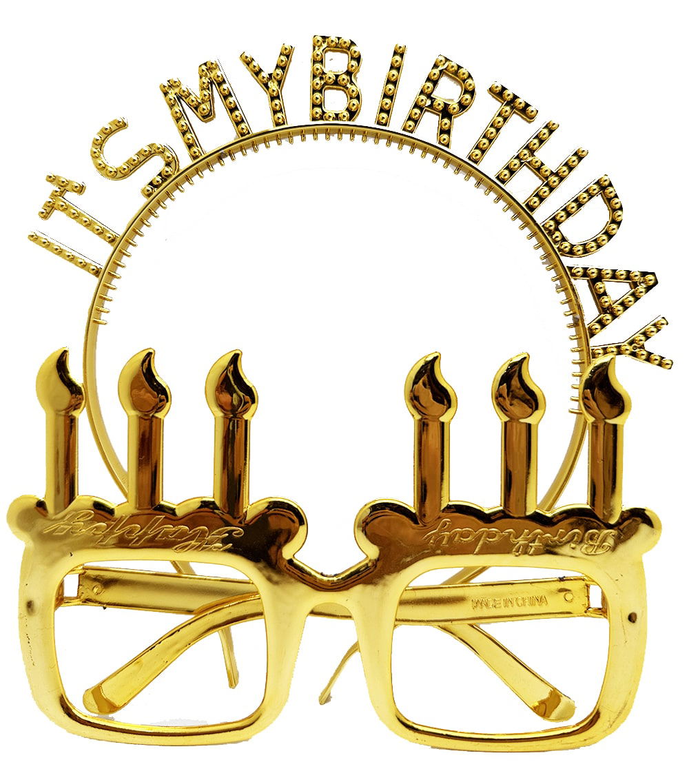 It's My Birthday Written Crown and Candle Shaped Glasses Set Gold Color