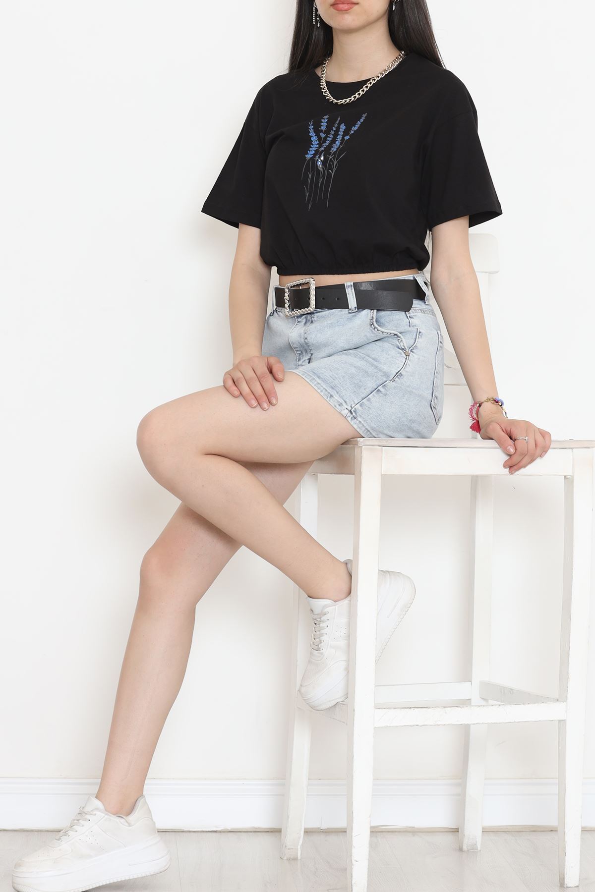 Printed Waist Elastic T-Shirt Black