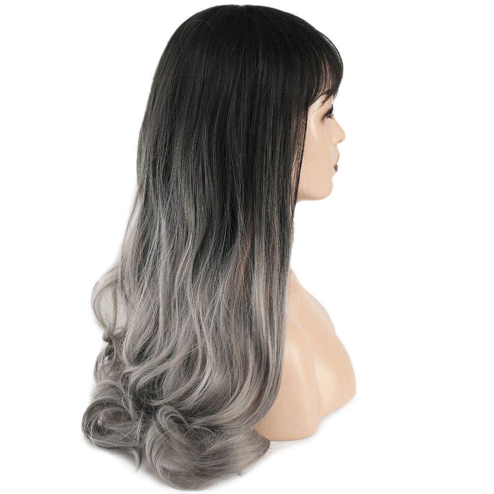 Long Wavy Kanekalon Fiber Synthetic Wig with Custom Bangs / Black Gray Ombré