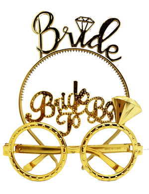 Bride Written Crown and Bride To Be Written Glasses Set Gold Color