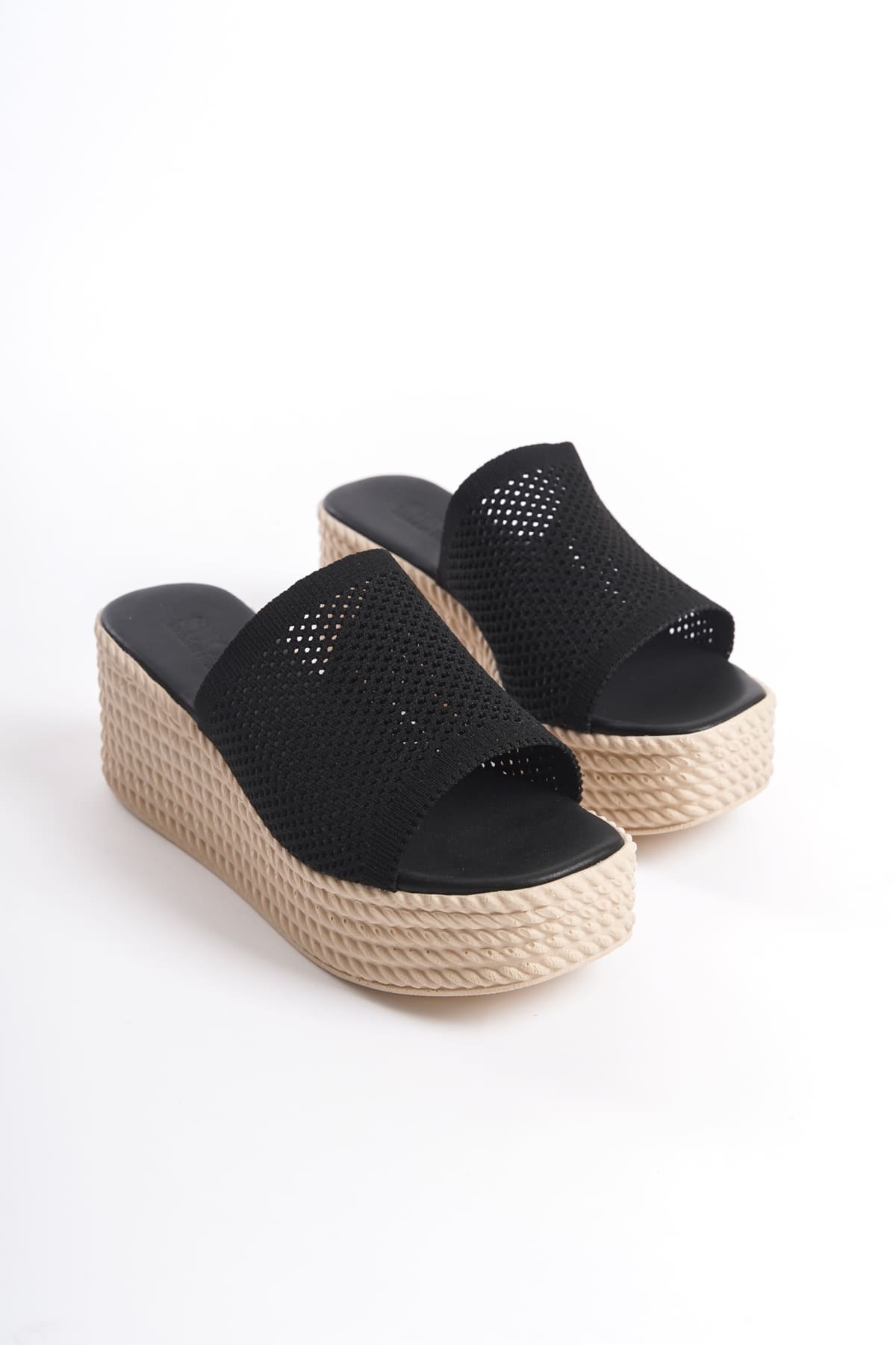 CLZ948 Filled Heeled Orthopedic Sole Straw Look Knitwear Women's Slippers KT Black