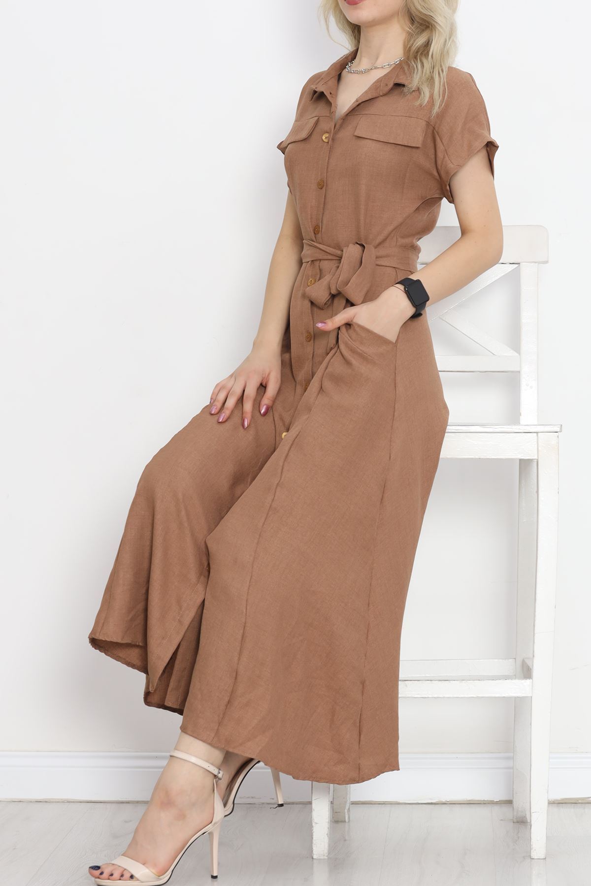 Pocket Detail Belted Dress Coffee