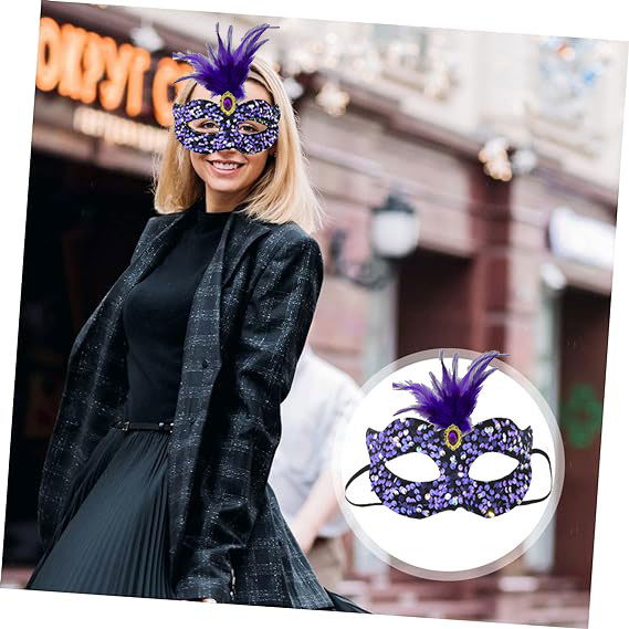 Black Velvet Party Mask with Colorful Sequin Sequins Purple Feather Purple Stone Party Mask 19x21 cm