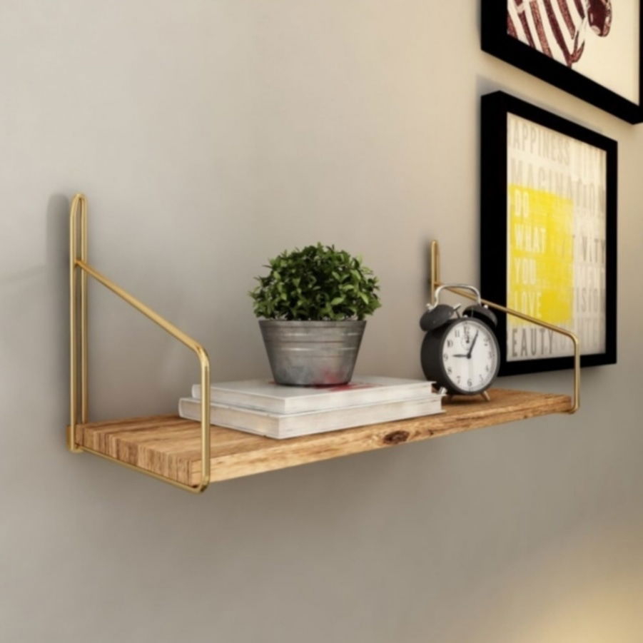 Decorative Scandinavian Shelf Wood Shelf Gold Fixed to the Wall