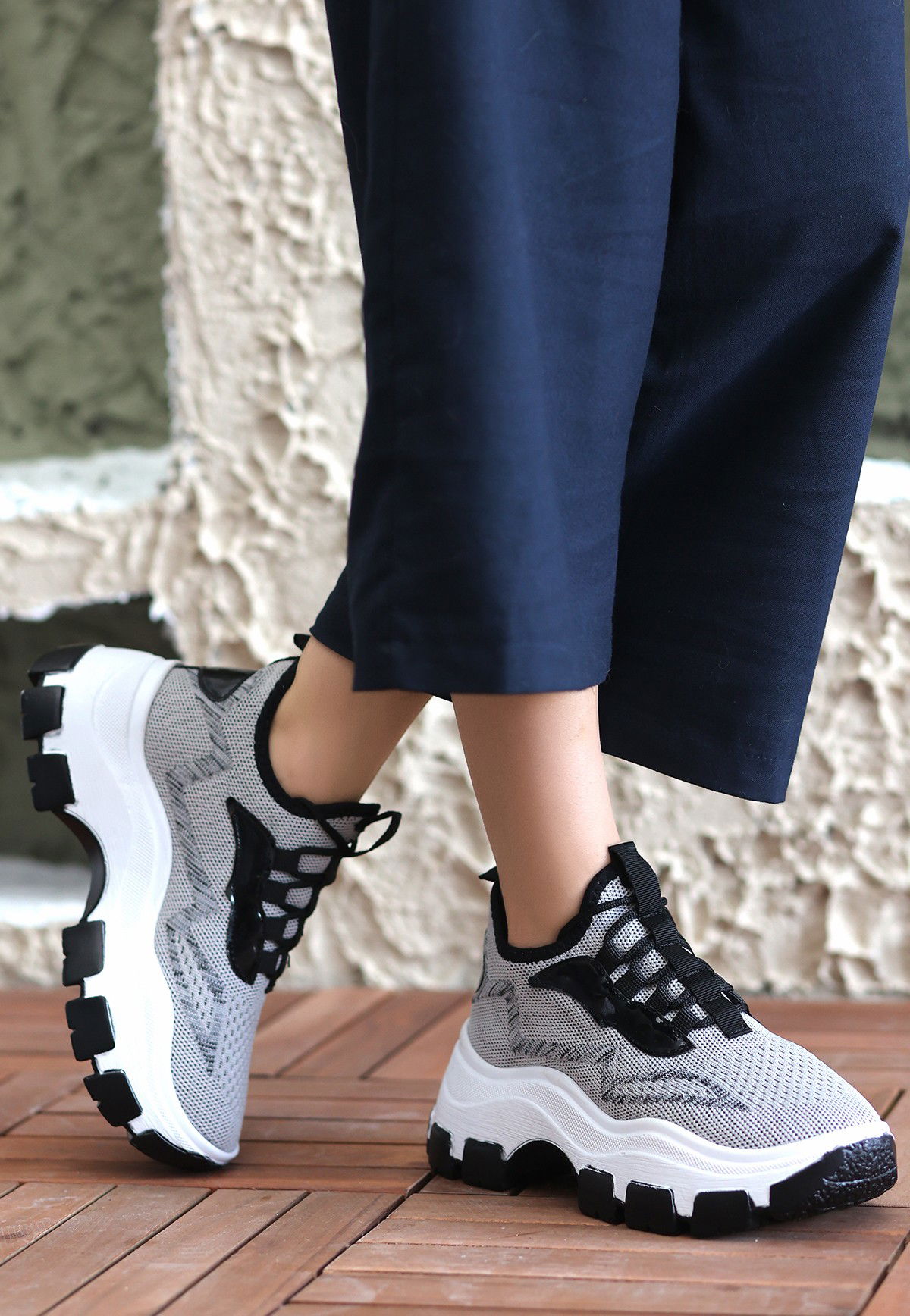 Gray Tricot Lace-Up Sneakers