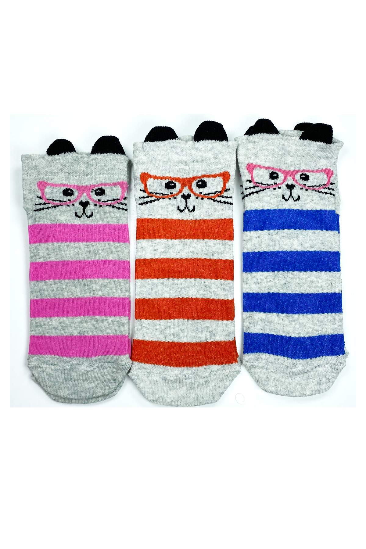 3 Pairs Cat Themed 3 Sizes Cotton Stretchy Women Ankle Socks with Ears