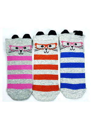 3 Pairs Cat Themed 3 Sizes Cotton Stretchy Women Ankle Socks with Ears