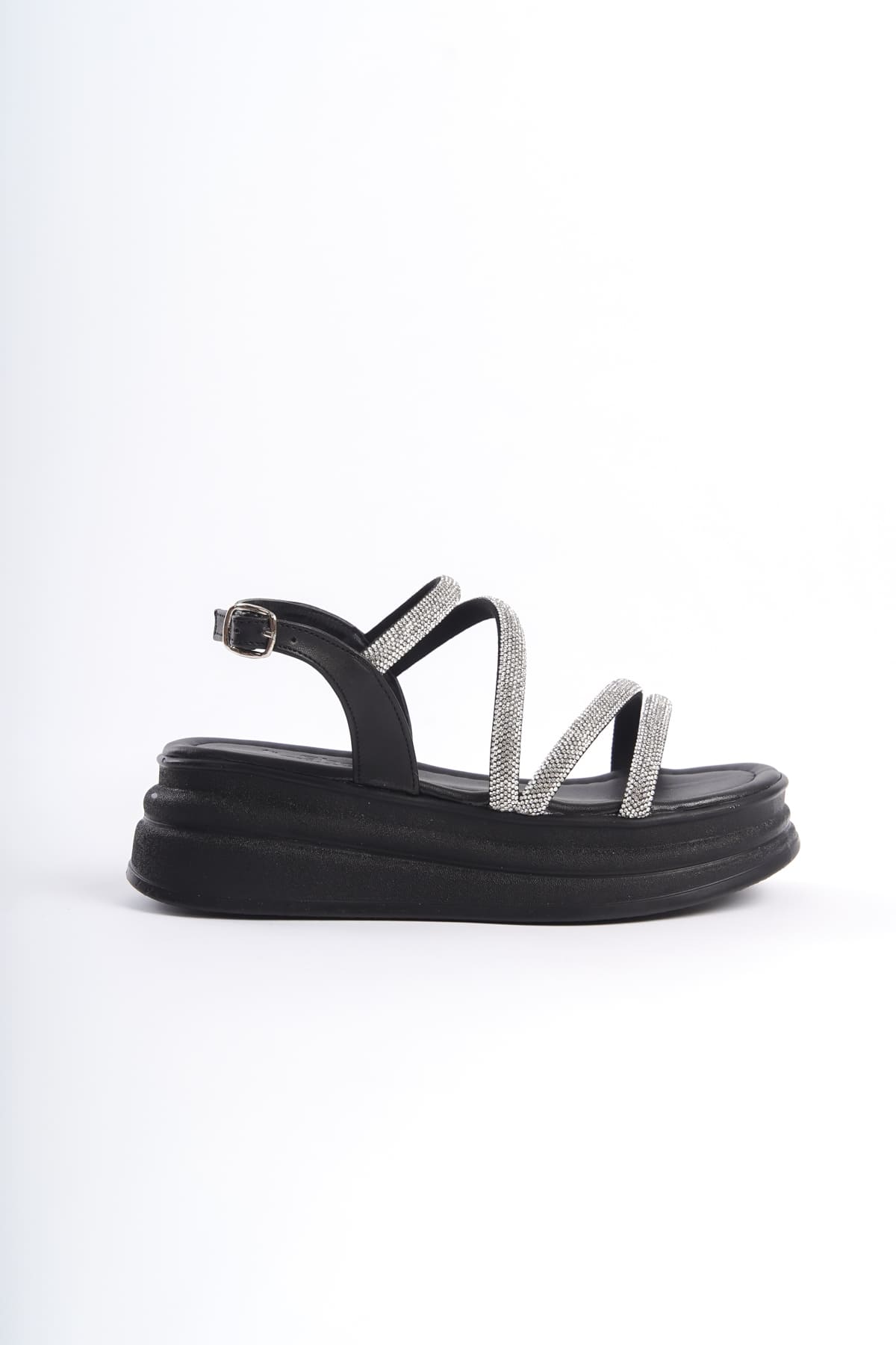 CLZ948 Women's Orthopedic Sole Sandals ST Black with Thin Buckle Stone Stripe