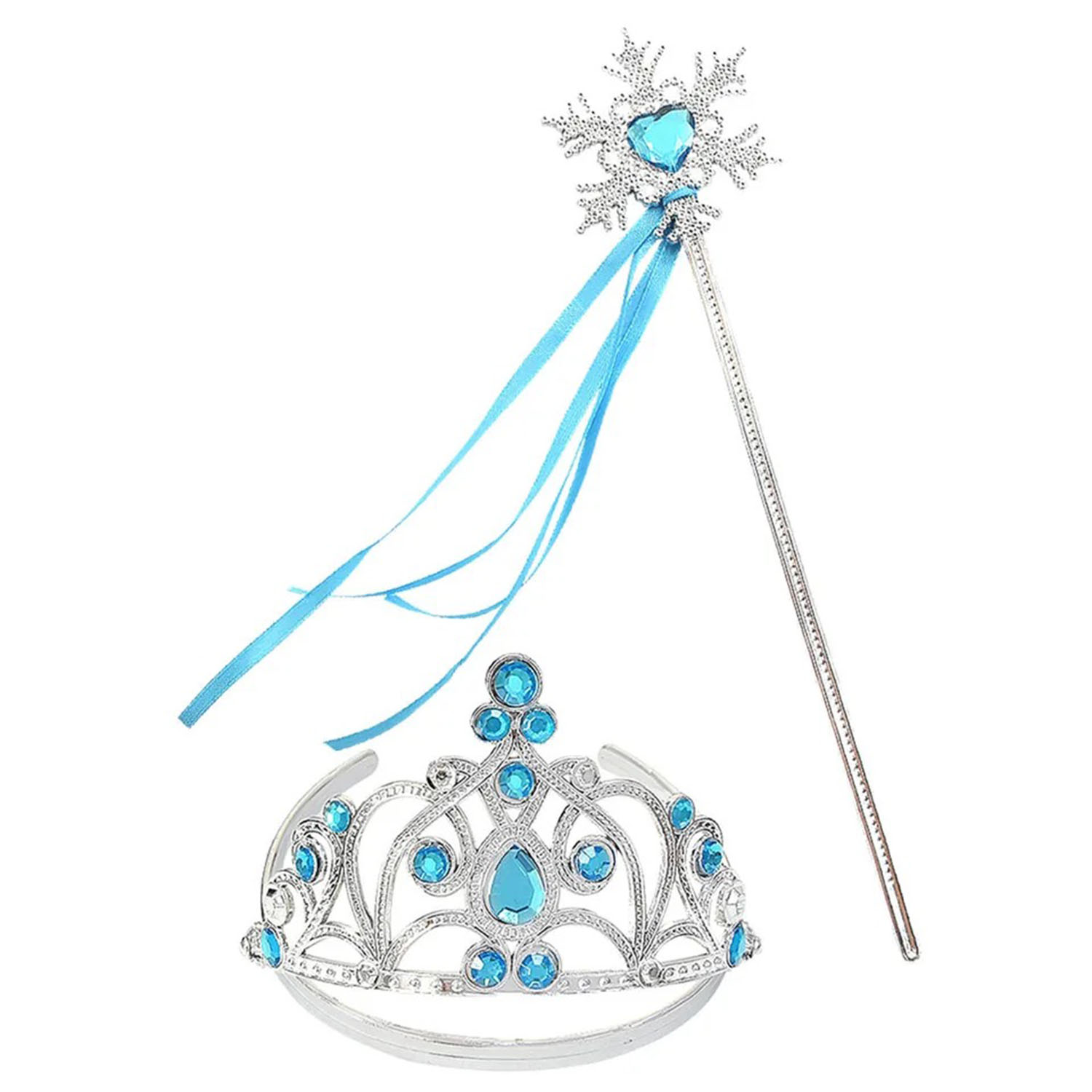 Blue Rhinestone Elsa Children's Crown and Snow Themed Elsa Wand Staff with Ribbon