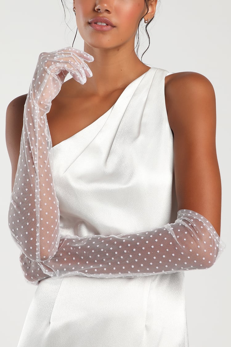 Long Length White Polka Dotted White Color Adult Tulle Gloves 55 cm