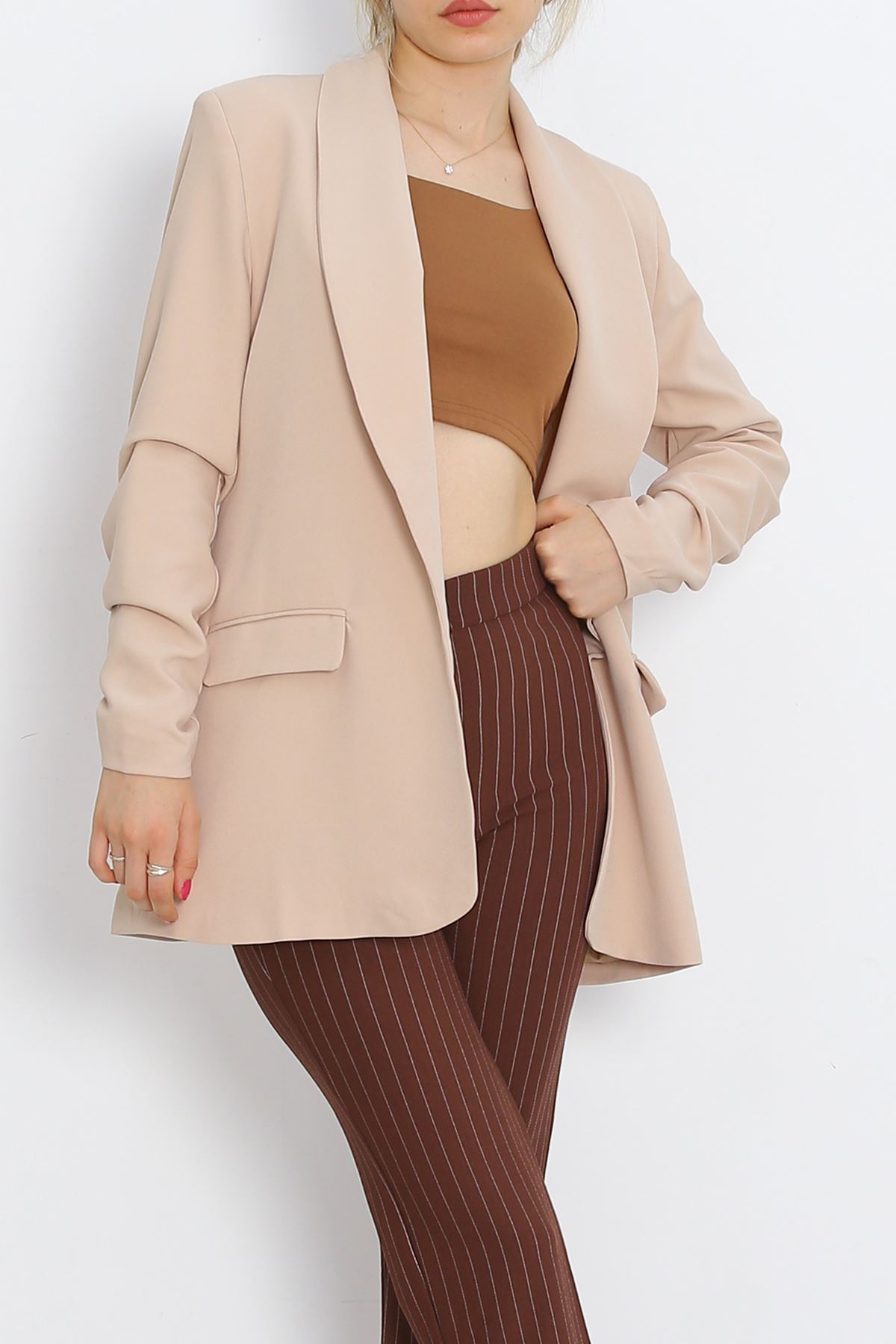 Sleeve Shirred Blazer Jacket Beige