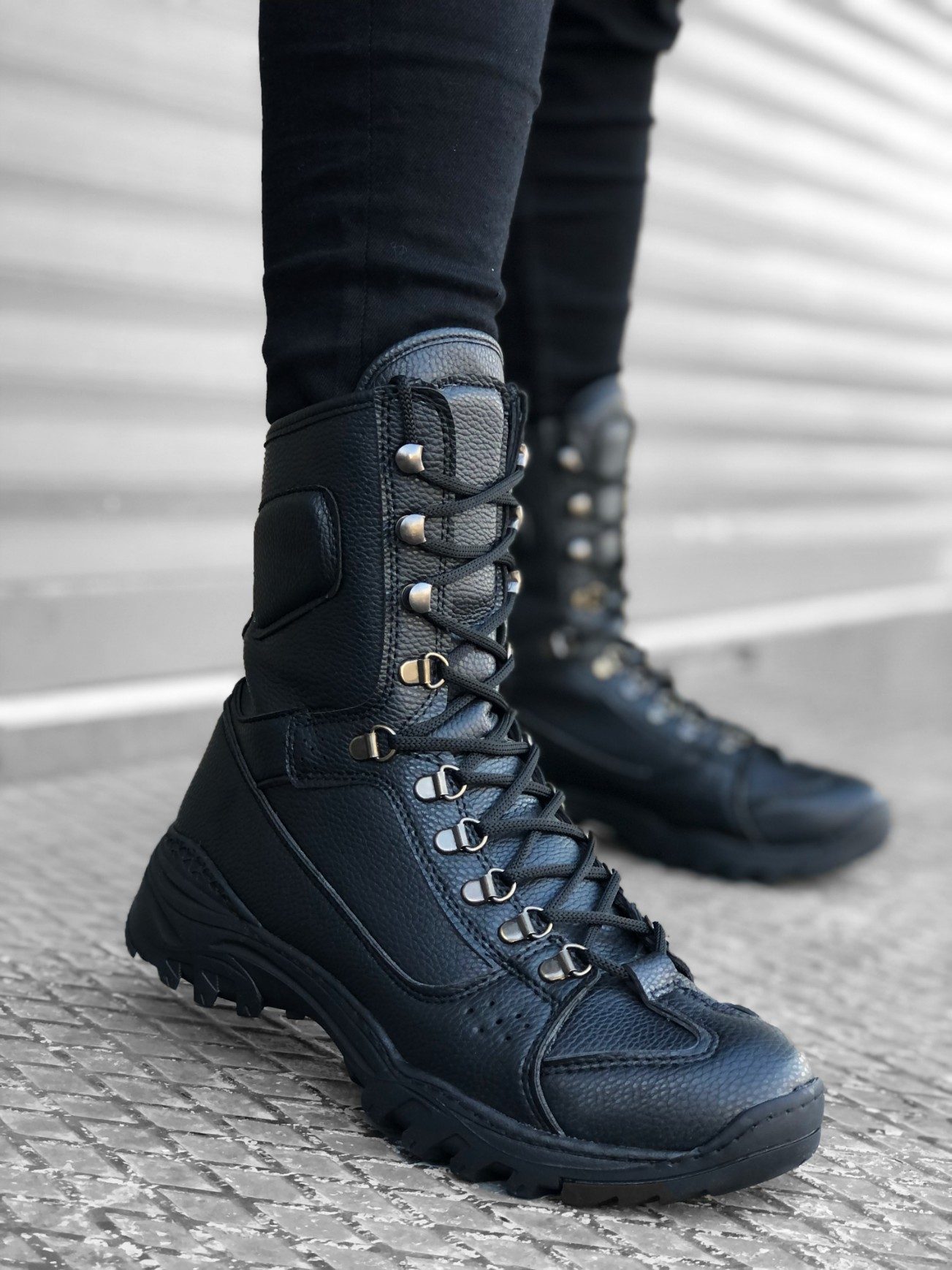 Lace-up Black Skin Military Boots