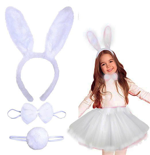 Bunny Crown Skirt Bow Tie and Tail Costume Set White Color Child Size