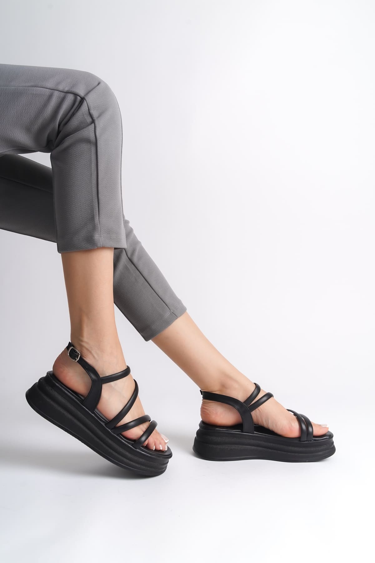 CLZ948 Women's Orthopedic Sole Sandals ST Black with Thin Buckle Stripe Detail