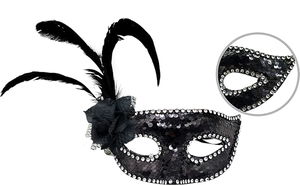 Black Color Side Feathered Rose Silver Stone Sequin Mask 20x22 cm