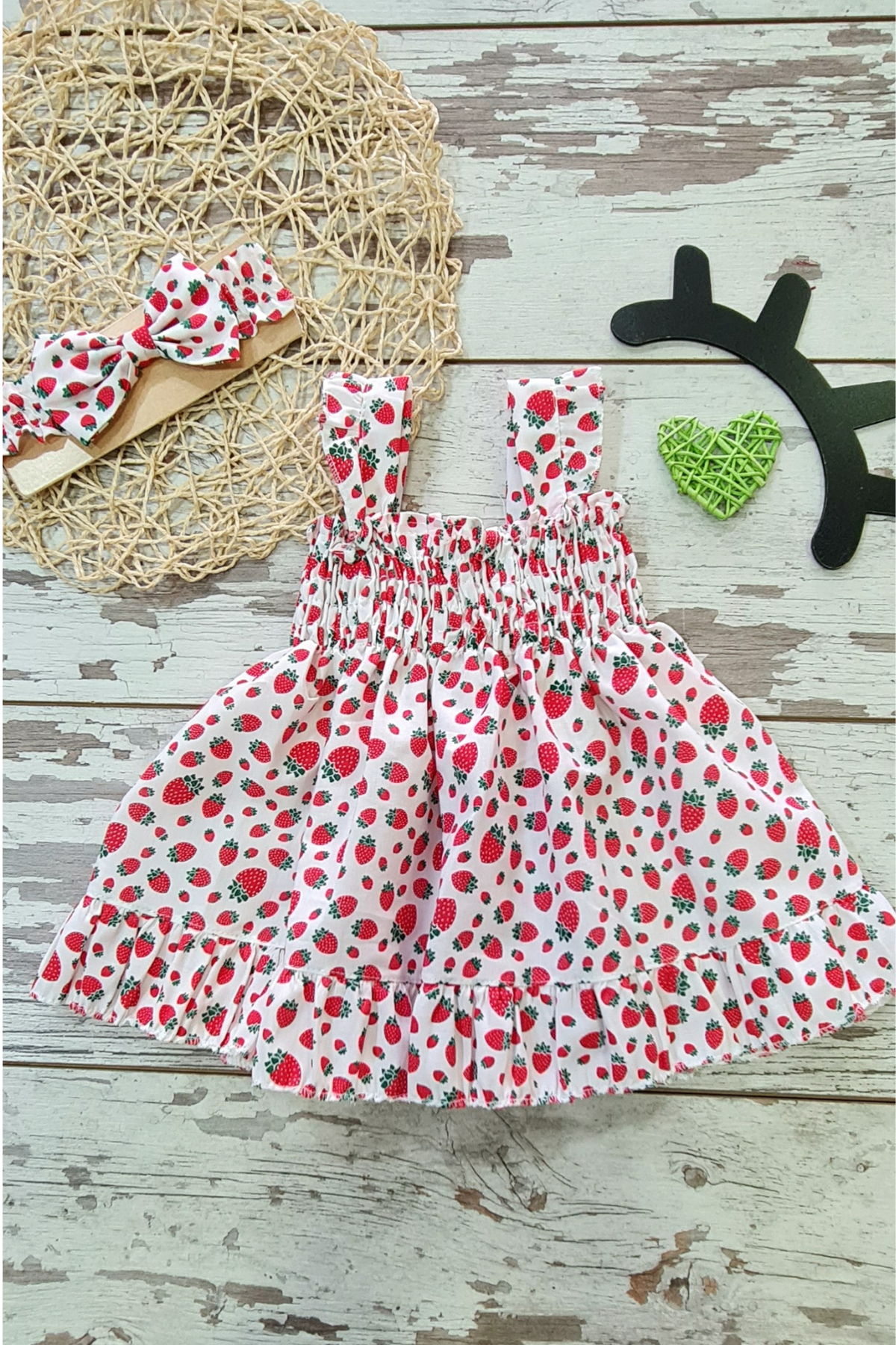 Strawberry Printed Summer Red Girl's Sleeveless Dress with Straps Turk