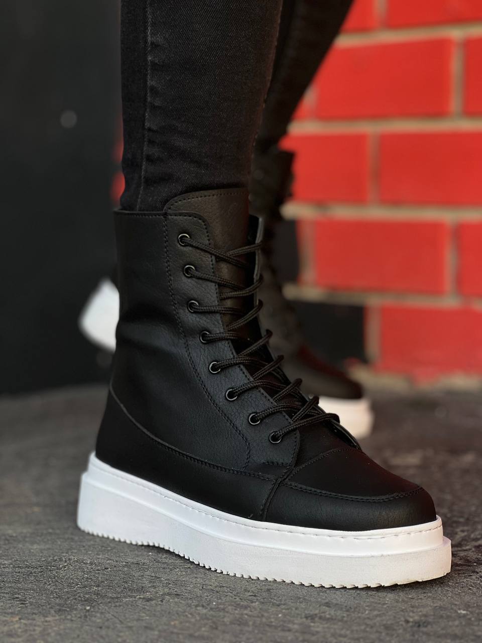 Black Skin High Sole Lace-Up Boots