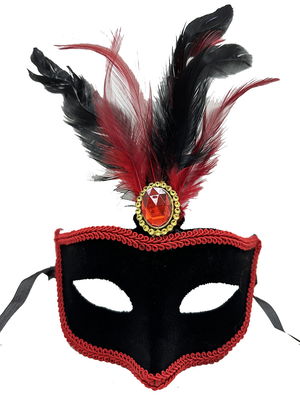 Black Suede Coating Party Mask 17x25 cm with Red Lace Black Red Feathers