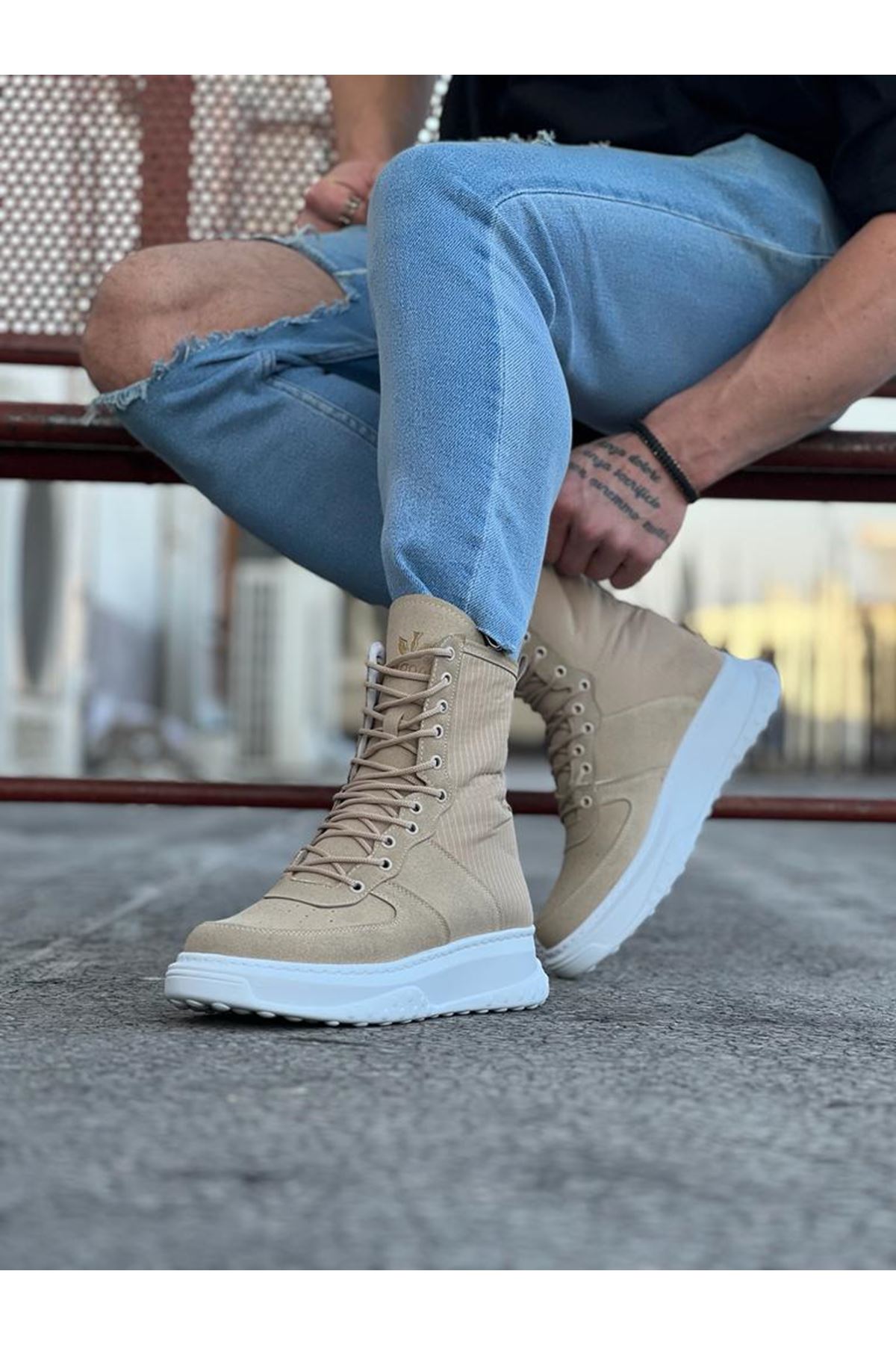 Beige Suede Long Lace-up Boots