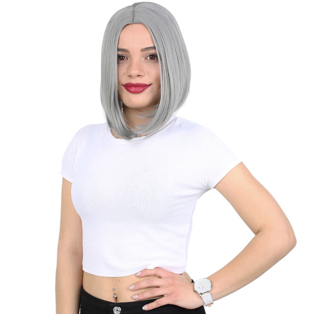 Kanekalon Fiber Synthetic Wig Short Straight / Gray with bangs