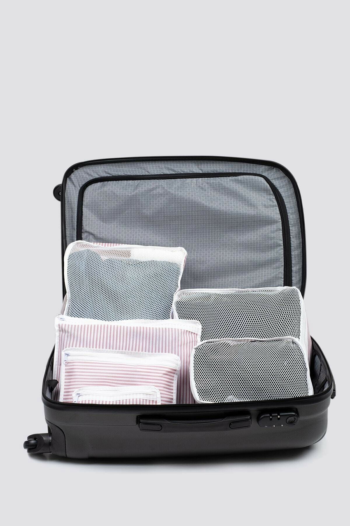 6 Piece Suitcase Organizer Set - Pink White Striped