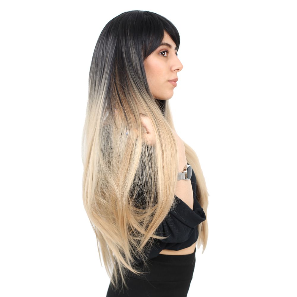 Kanekalon Fiber Synthetic Wig with Long Straight Bangs / Black / Pumpkin Ombré