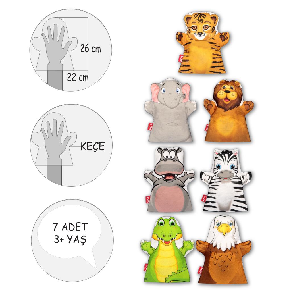 7 Piece Safari Animals Hand Puppet Set , Educational Toy