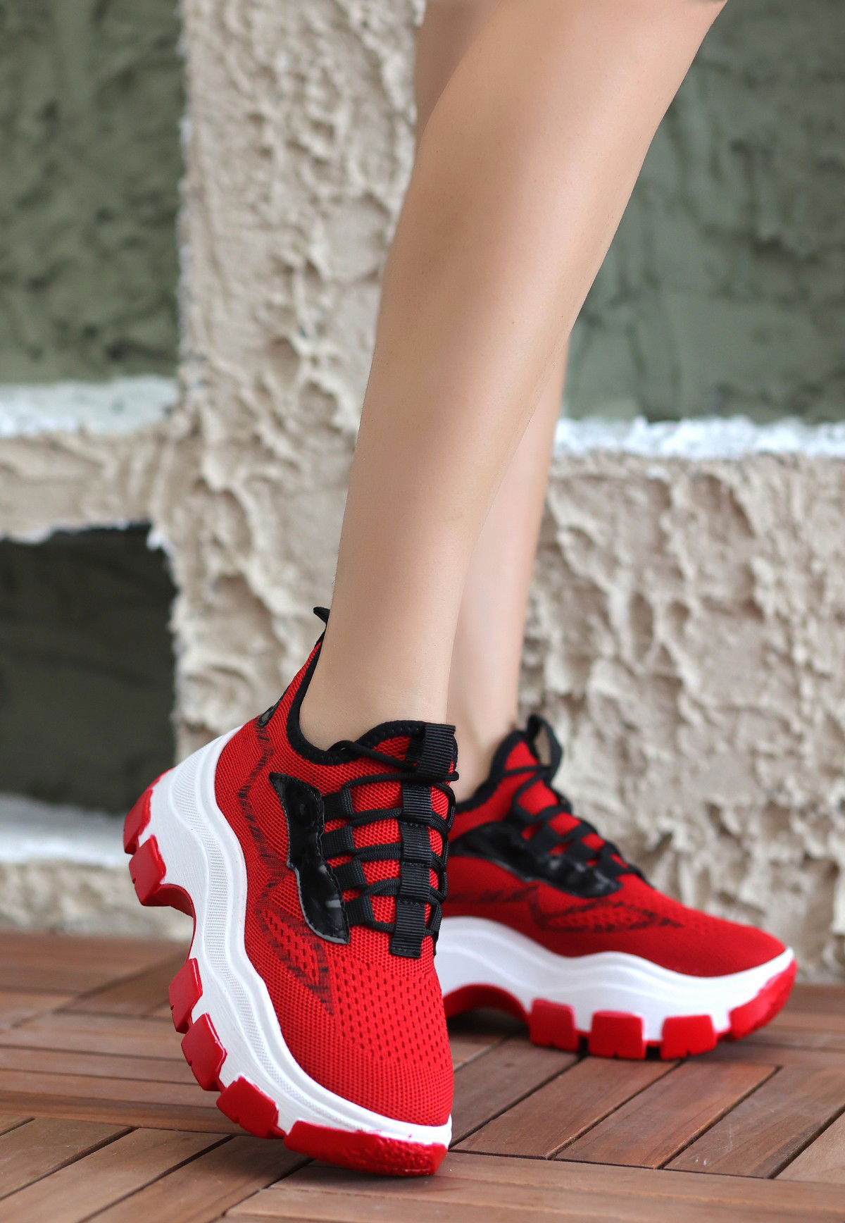 Red Tricot Lace-Up Sneakers