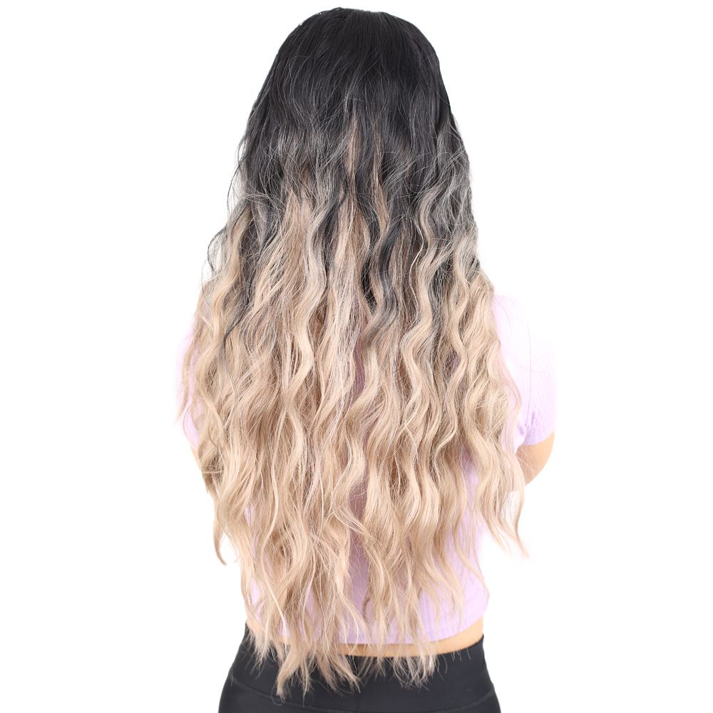 Kanekalon Fiber Synthetic Wig / Black / Ashy Baby Yellow Ombré with Water Wavy Look Long Bangs