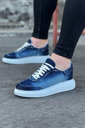 Dark Blue Denim Fabric Men's Casual Shoes