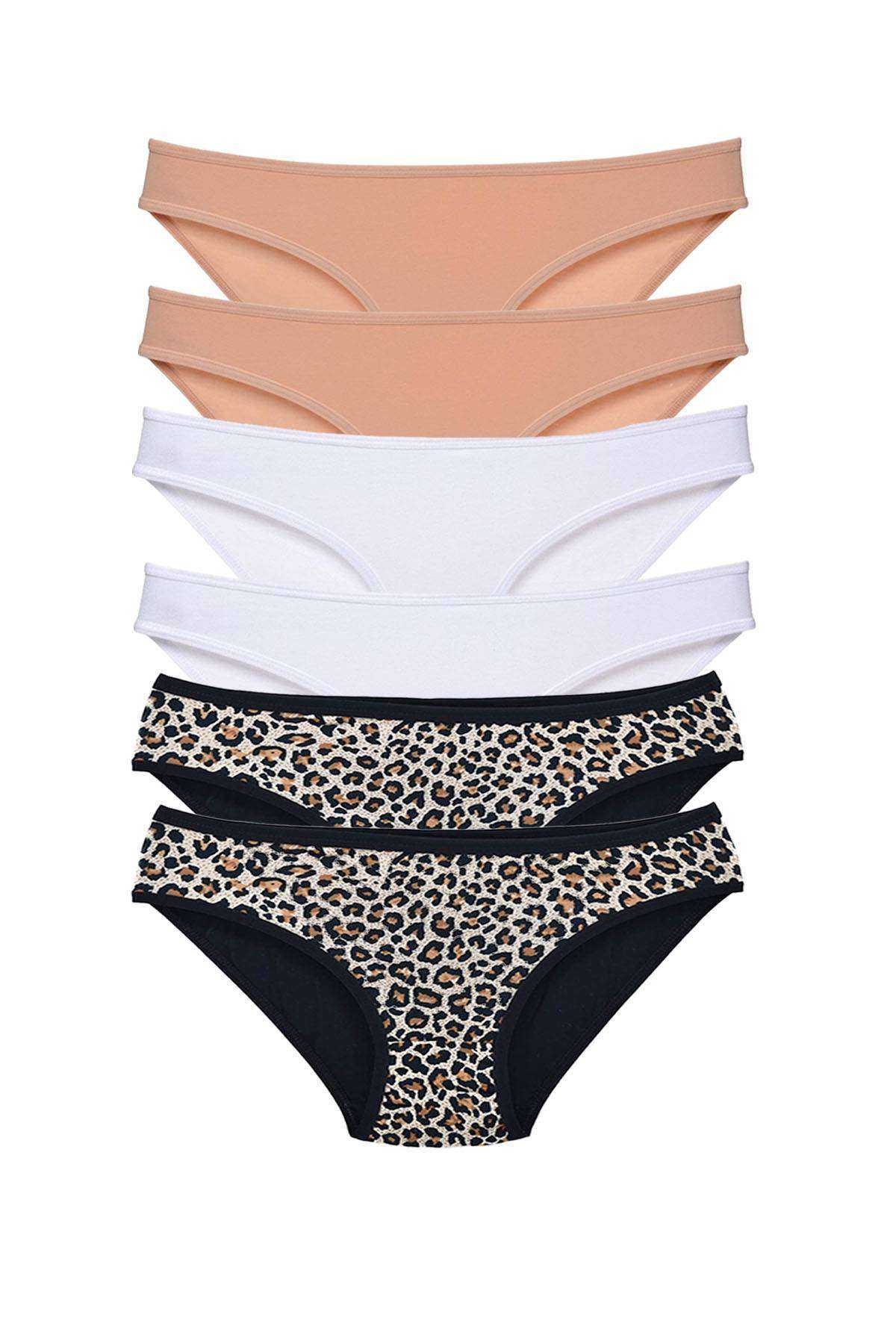 6 Pcs Lycra Women Slip Panties Leopard Skin White