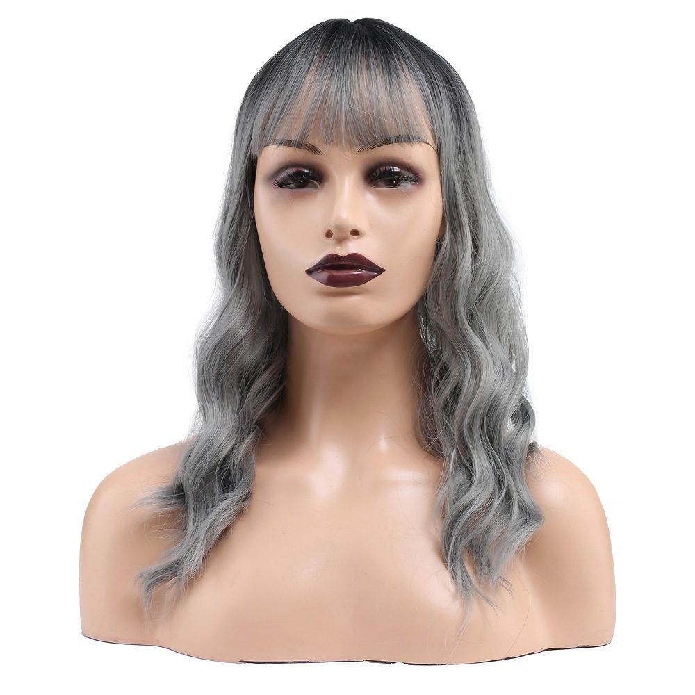 Wavy Short Custom Bangs Kanekalon Fiber Synthetic Wig / Black / Gray Ombré