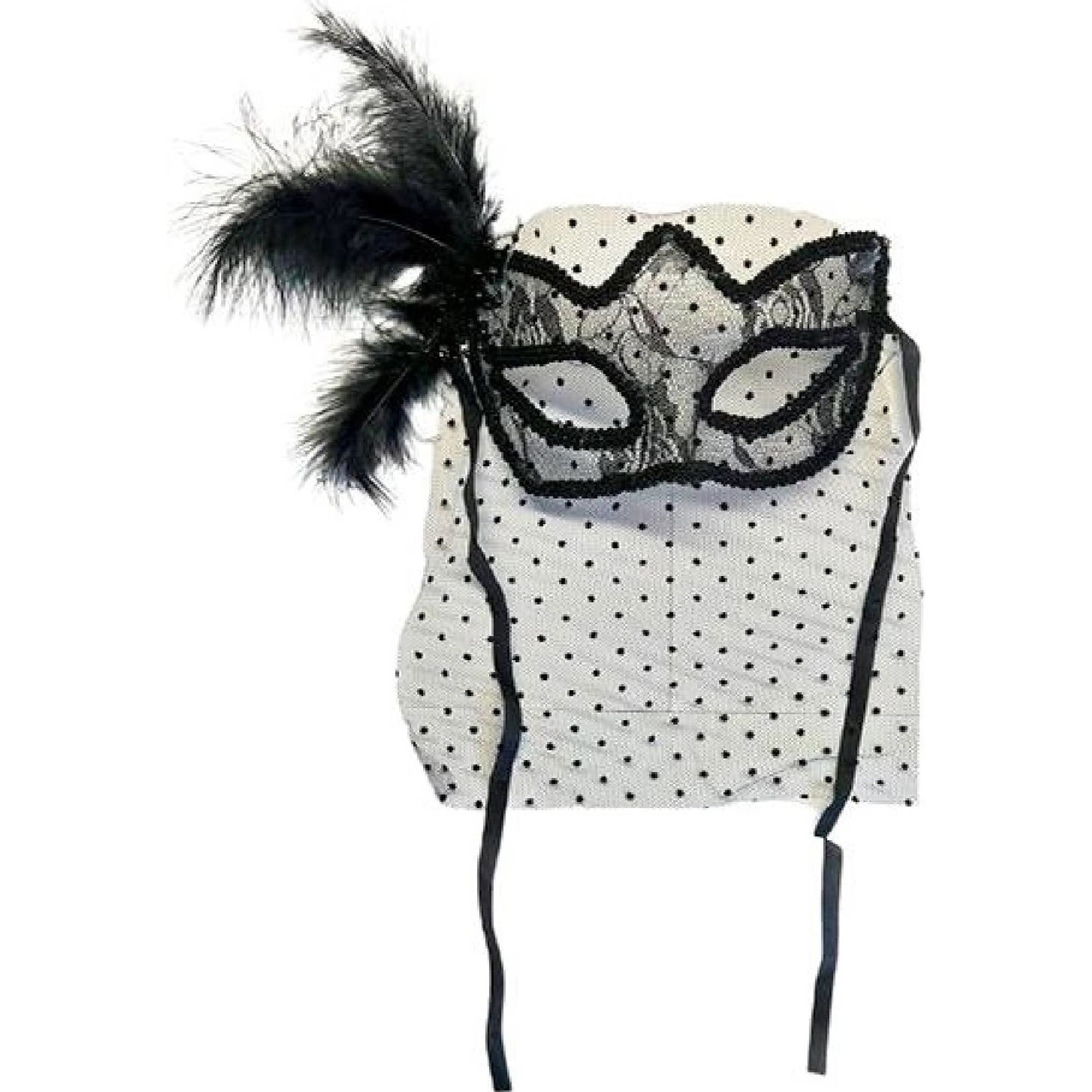 Black Color Black Polka Dot Veil Party Mask with Pearls