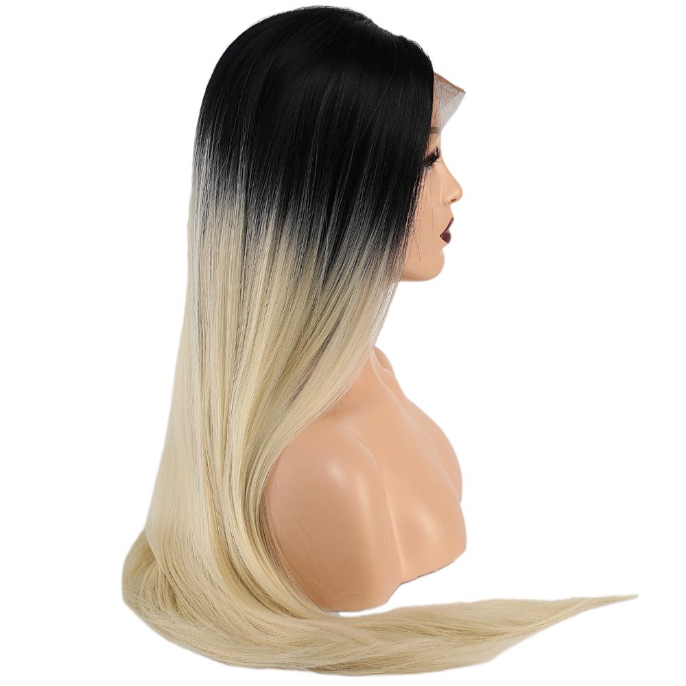 Kanekalon Fiber Synthetic Straight Long Tulle Wig / Black Platinum Medium Ombré