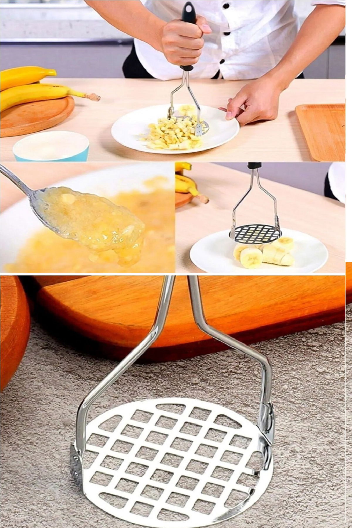 Perforated Metal Stainless Potato Banana Egg Masher Mash Maker with Plastic Handle