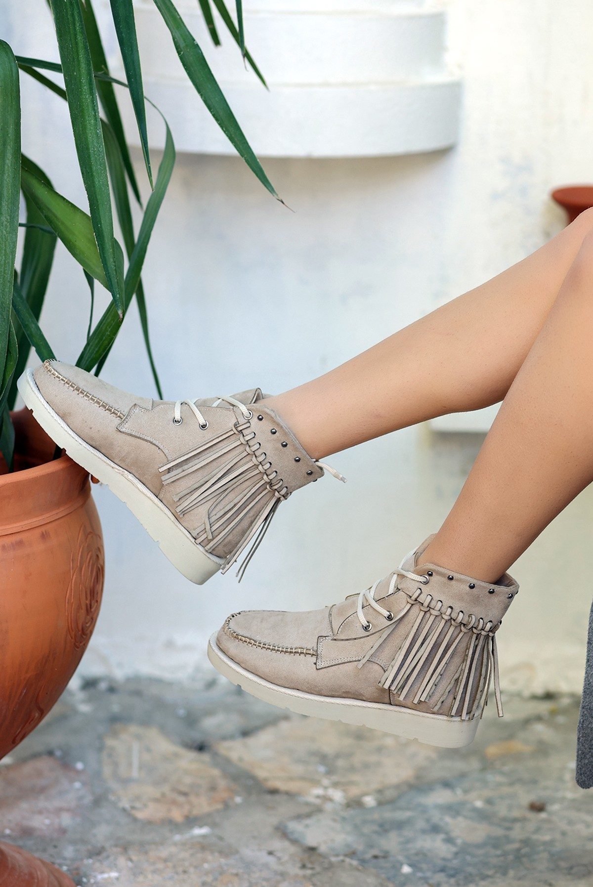 Beige Suede Lace-up Boots