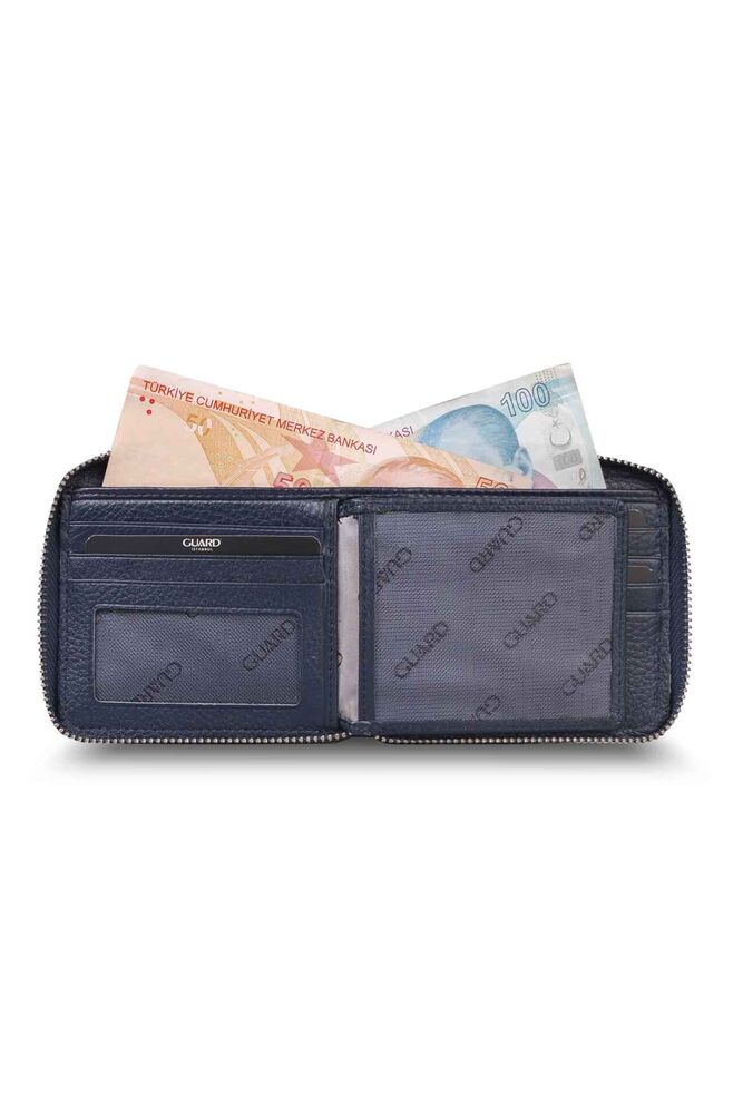 Retro Zippered Leather Navy Blue Wallet