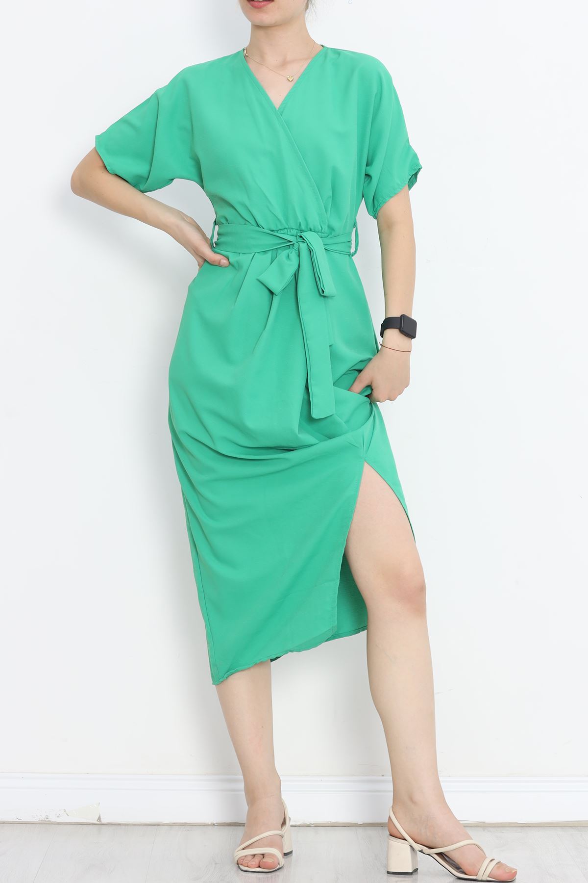 Double-breasted Collar Belted Dress Green1