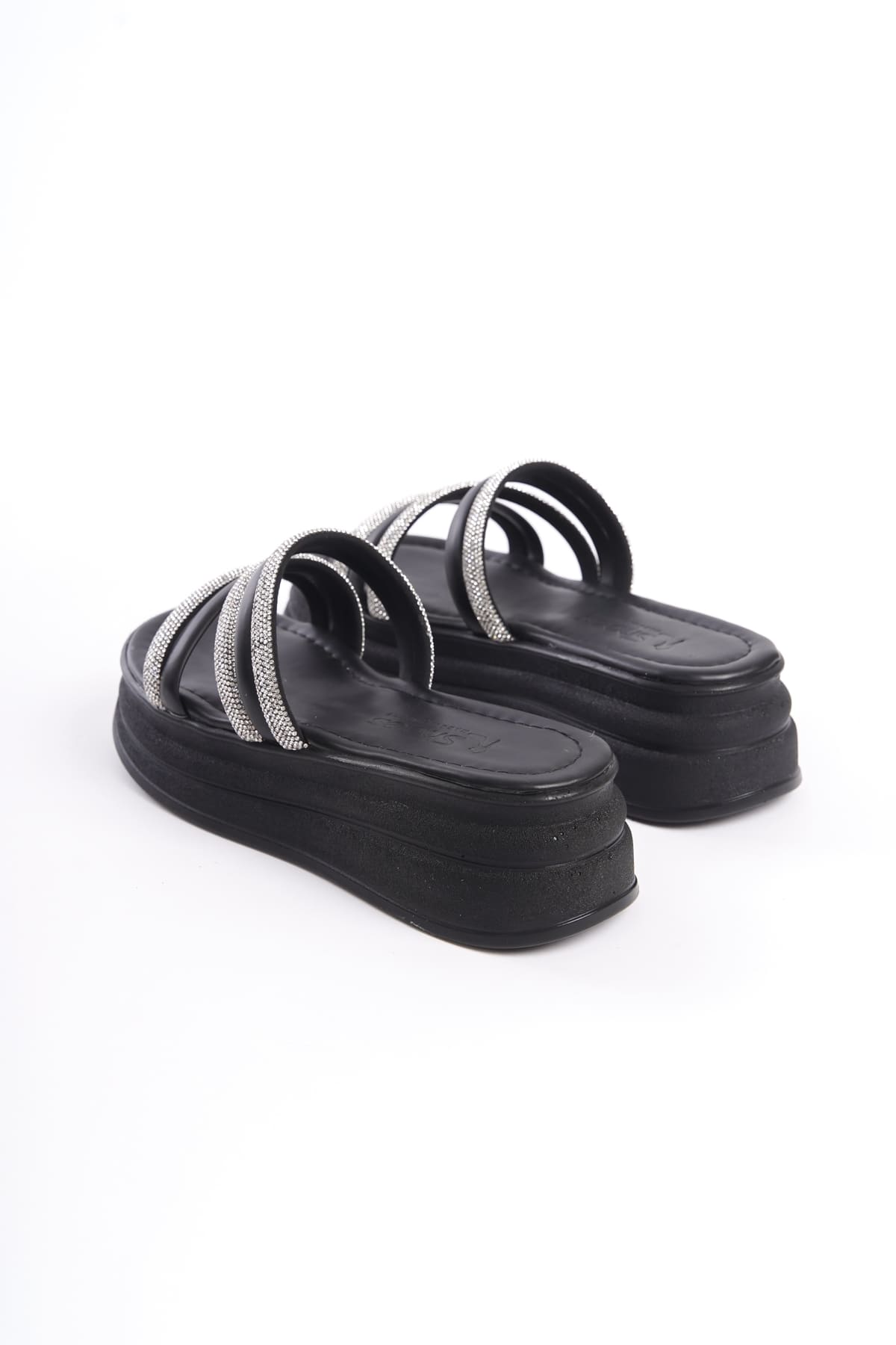 CLZ948 Flat Heeled Stripe Stone Thick and Orthopedic Sole Women's Slippers ST Black