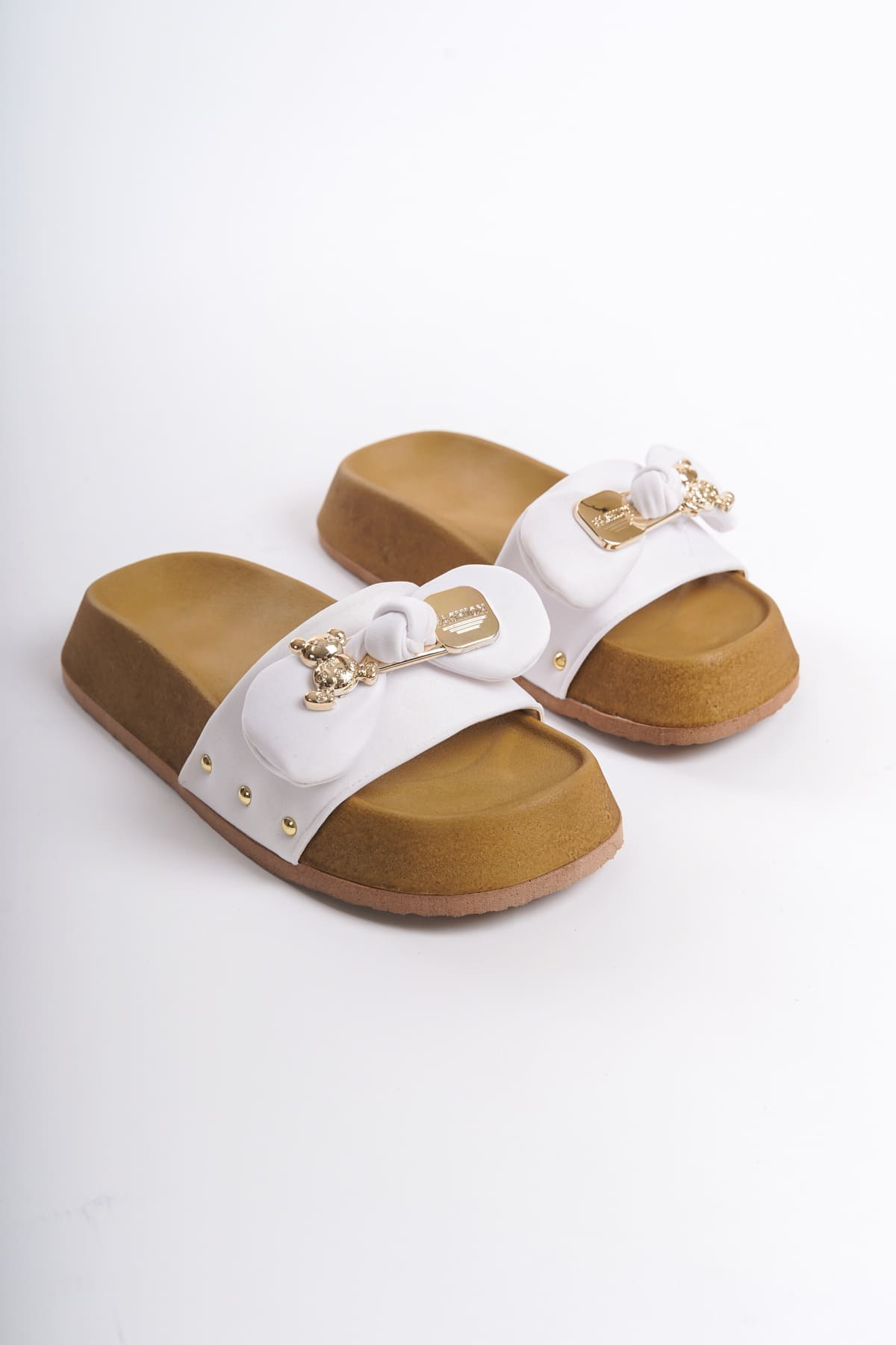 CLZ948 Thick and Orthopedic Sole Satin Women's Slippers with Teddy Bear KT White