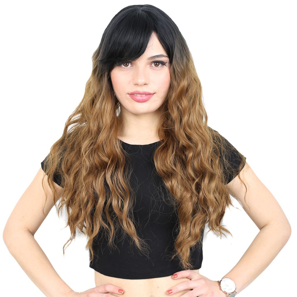 Kanekalon Fiber Synthetic Wig with Long Water Wavy Look with Special Bangs / Black / Caramel Ombré