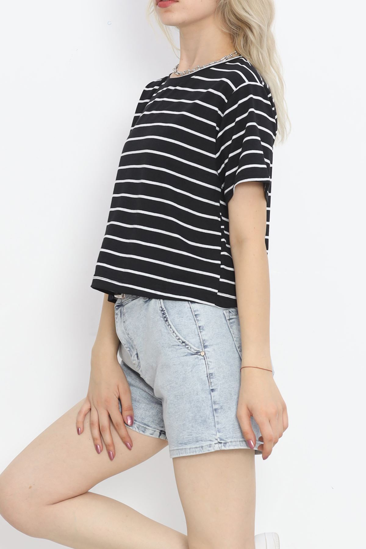 Striped Single Jersey Crop T-Shirt Black