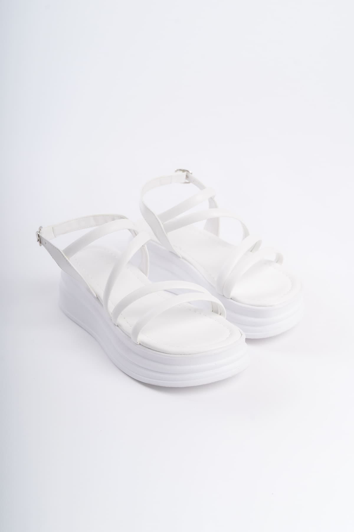 CLZ948 Women's Orthopedic Sandals BT White with Thin Buckle Stripe Detail