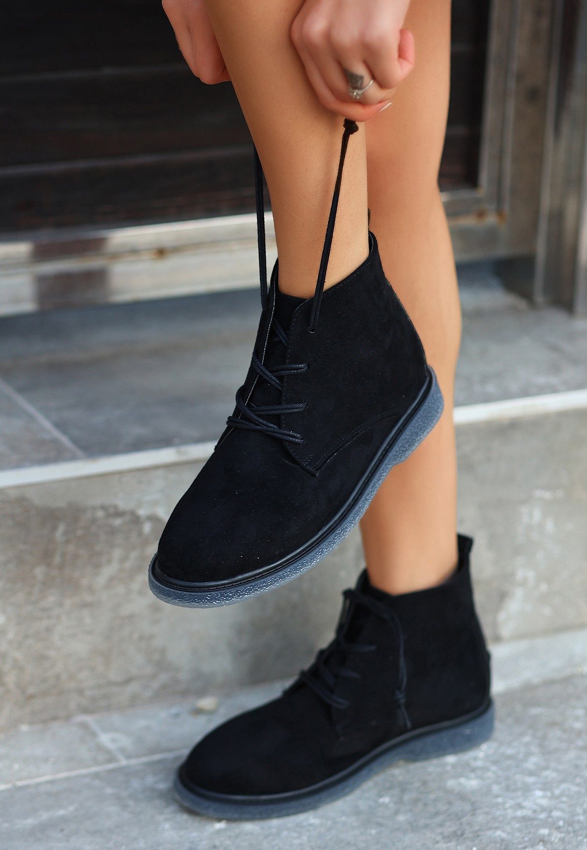 Black Suede Gray Soled Lace-up Boots