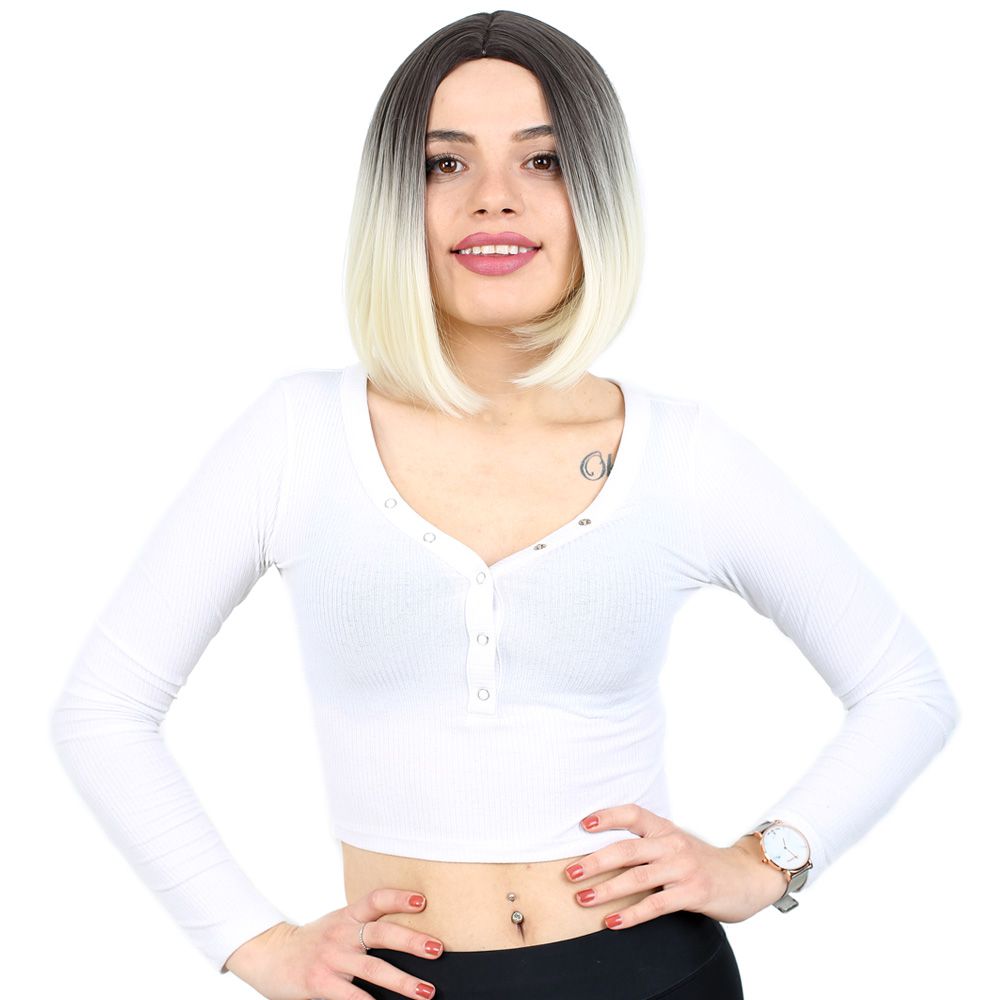 Straight Short Kanekalon Fiber Synthetic Wig without bangs / Ashy Black / Platinum Ombré