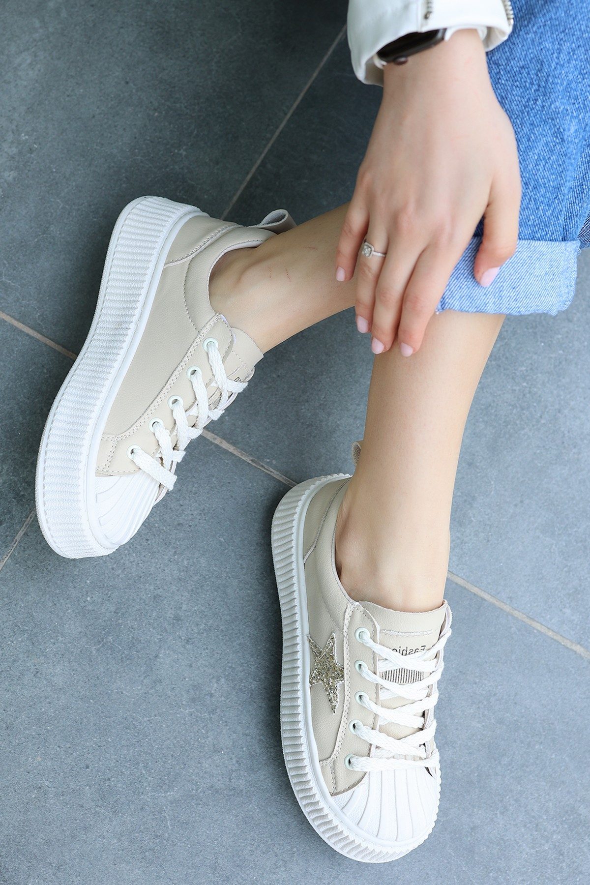 Beige Skin Lace-Up Sneakers