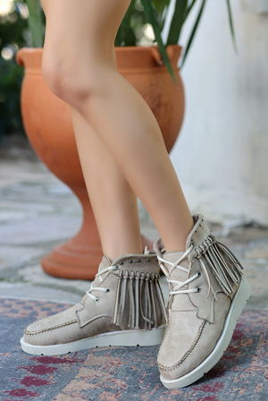 Beige Suede Lace-up Boots